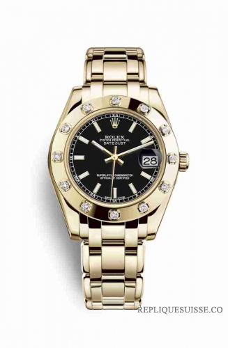 Copie Montre Rolex Pearlmaster 34 Or jaune 18 ct Cadran Noir m81318-0028