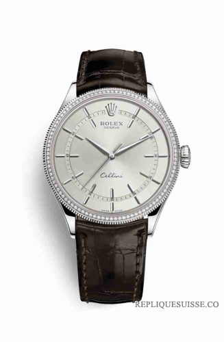 Copie Montre Rolex Cellini Time or blanc 18 ct 50609RBR Cadran rhodium m50609rbr-0009