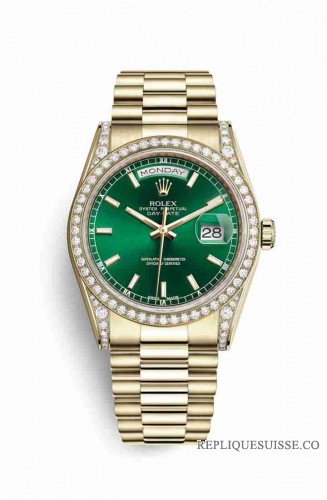 Copie Montre Rolex Day-Date 36 cosses en or jaune 18 carats serties de diamants 118388 cadran vert m118388-0134