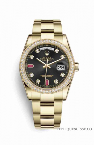 Copie Montre Rolex Day-Date 36 Or jaune 18 ct 118348 Diamants noirs sertie de rubis Cadran m118348-0209