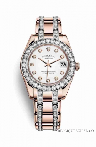 Copie Montre Rolex Pearlmaster 34 18 ct Everose or Blanc serti de diamants Cadran m81285-0040