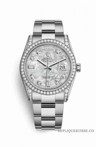 Copie Montre Rolex Day-Date 36 Or blanc 18 ct sertissage diamants 118389 Blanc nacre sertissage Cadran Cadran m118389-0069