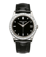 Patek Philippe Calatrava Lunette Sertie De Diamants Date Baguette Noir 38mm Platine Cuir NEUF 5298P-012 Montres Copie