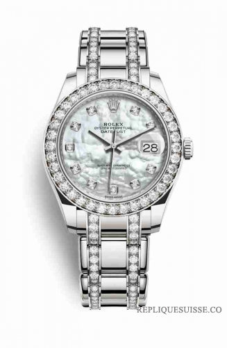 Copie Montre Rolex Pearlmaster 39 Or blanc 18 carats Nacre blanche sertie de diamants Cadran m86289-0002