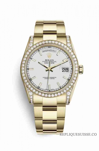 Copie Montre Rolex Day-Date 36 cosses en or jaune 18 carats serties de diamants 118388 White Cadran m118388-0187