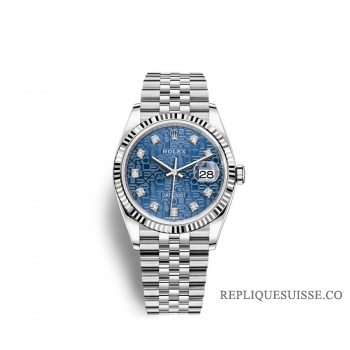 Rolex Datejust 36 Oystersteel or blanc 18 ct M126234-0011 Design jubile bleu serti de diamants Cadran