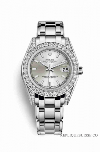 Copie Montre Rolex Pearlmaster 34 18 ct or blanc serti ensemble de diamants Argent Cadran m81159-0051