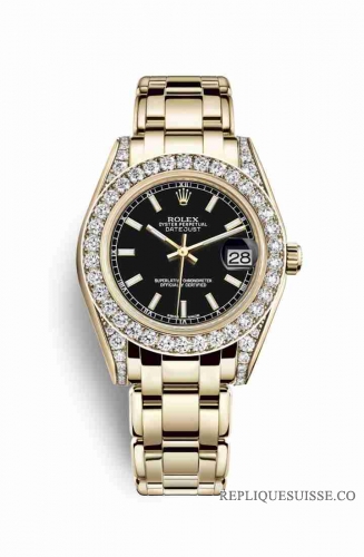 Copie Montre Rolex Pearlmaster 34 Or jaune 18 ct jeu de cosses Cadran Noir m81158-0117