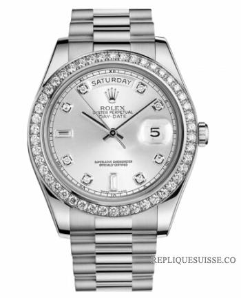 Réplique Rolex Day Date II President Blanc or and Diamonds argent cadran 218349 SDP
