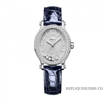 Réplique Chopard Happy Sport Ovale Automatique Diamant Or Blanc Cuir Bleu 31mm