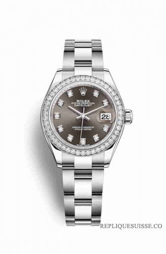 Copie Montre Rolex Datejust 28 Blanc Roles ou Oystersteel 18 carats en or blanc RBR Gris fonce ensemble diamants Cadran m279384rbr-0018