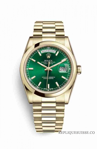 Copie Montre Rolex Day-Date 36 Or jaune 18 ct 118208 Cadran vert m118208-0349