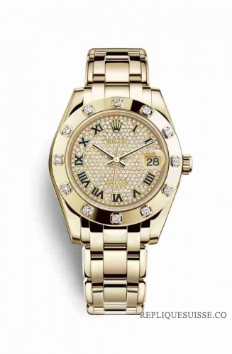Copie Montre Rolex Pearlmaster 34 Or jaune 18 ct Cadran pave de diamants m81318-0044