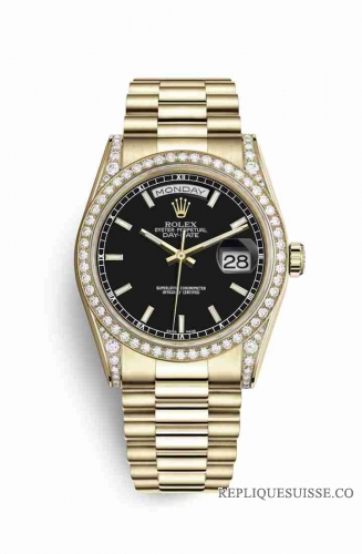 Copie Montre Rolex Day-Date 36 Cosses en or jaune 18 carats serties de diamants 118388 Black Cadran m118388-0120