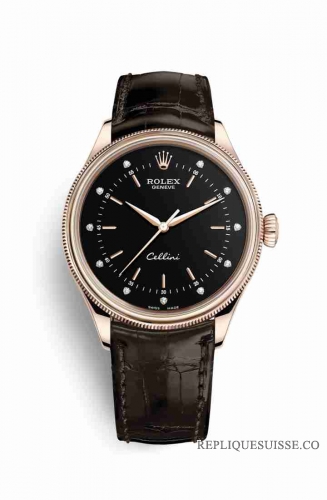 Copie Montre Rolex Cellini Time 18 ct Everose or 50505 Noir serti de diamants Cadran m50505-0025