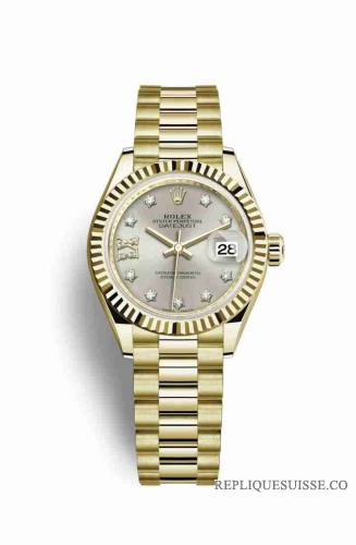 Copie Montre Rolex Datejust 28 or jaune 18 ct Argent serti diamants Cadran m279178-0002