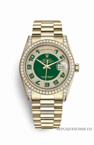 Copie Montre Rolex Day-Date 36 Or jaune 18 ct ensemble de cosses 118388 Diamant vert pave Cadran m118388-0053