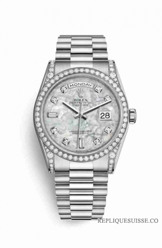 Copie Montre Rolex Day-Date 36 18 ct en or blanc cosses serties de diamants 118389 White nacre serties de diamants Cadran m118389-0012