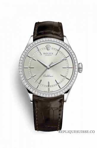 Copie Montre Rolex Cellini Time or blanc 18 ct 50709RBR Cadran rhodium m50709rbr-0012