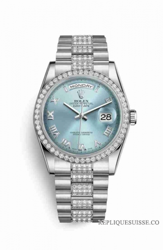 Copie Montre Rolex Day-Date 36 Platinum 118346 Glace bleue Cadran m118346-0044