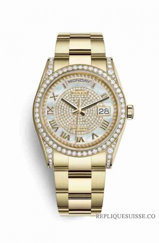 Copie Montre Rolex Day-Date 36 Or jaune 18 ct sertissage diamants 118388 Diamant nacre blanc pave Cadran m118388-0196