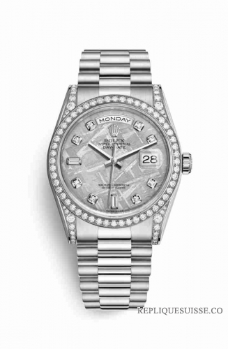 Copie Montre Rolex Day-Date 36 cerceaux en or blanc 18 carats sertie de diamants 118389 Meteorite sertie de diamants Cadran m118389-0102