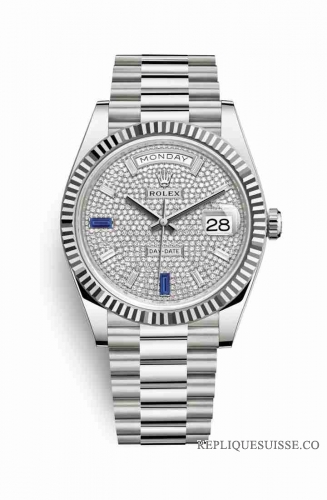 Copie Montre Rolex Day-Date 40 Or blanc 18 ct 228239 Saphirs diamants paves Cadran m228239-0049