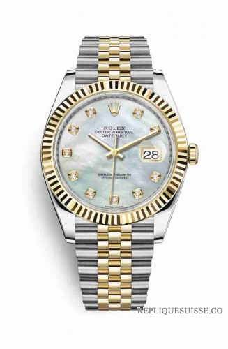 Copie Montre Rolex Datejust 41 Jaune Rolesor Oystersteel or jaune 18 ct 126333 Blanc nacre serti de diamants Cadran m126333-0018