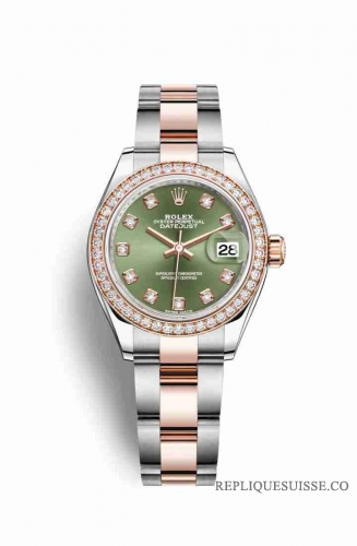 Copie Montre Rolex Datejust 28 Everose Roles ou Oystersteel 18 ct Everose or RBR Vert olive sertie de diamants Cadran m279381rbr-0008