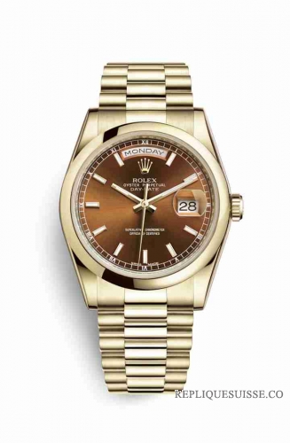 Copie Montre Rolex Day-Date 36 Or jaune 18 ct 118208 Cognac Cadran m118208-0348