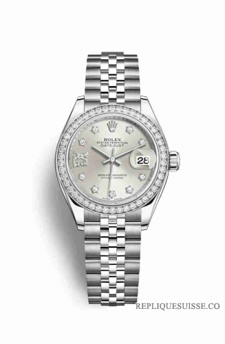 Copie Montre Rolex Datejust 28 Blanc Roles ou Oystersteel 18 carats en or blanc RBR Argent serti diamants Cadran m279384rbr-0021