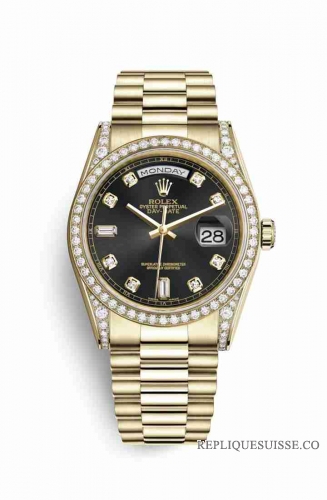 Copie Montre Rolex Day-Date 36 Or jaune 18 ct ensemble de cosses 118388 Diamants noir Set Cadran m118388-0021