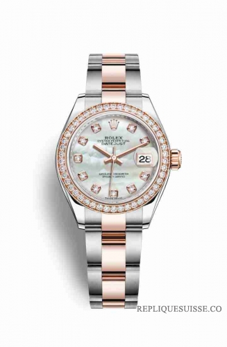 Copie Montre Rolex Datejust 28 Everose Roles ou Oystersteel 18 ct Everose or RBR Blanc nacre sertie de diamants Cadran m279381rbr-0014