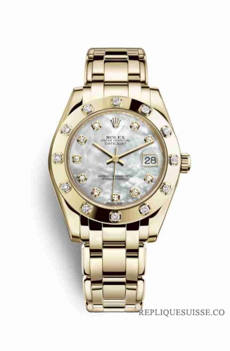 Copie Montre Rolex Pearlmaster 34 Or jaune 18 carats Diamants blancs serti de nacre Cadran m81318-0006