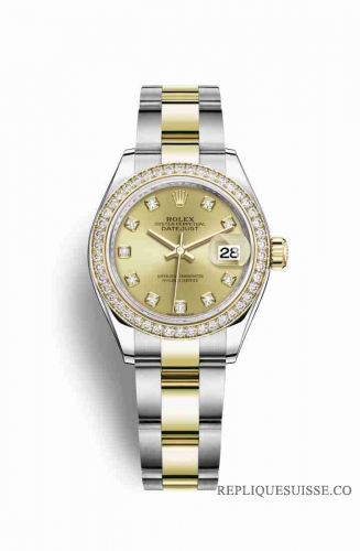 Copie Montre Rolex Datejust 28 Jaune Rolesor Oystersteel or jaune 18 ct RBR Champagne-color set diamants Cadran m279383rbr-0012