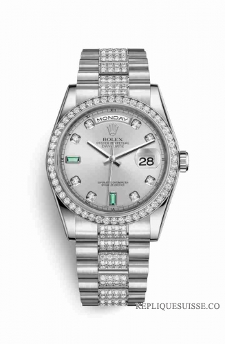 Copie Montre Rolex Day-Date 36 Platinum 118346 Rhodium serti de diamants emeraudes Cadran m118346-0083