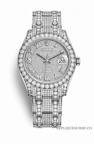 Copie Montre Rolex Pearlmaster 39 cerceaux en or blanc 18 carats sertis de diamants RBR cadran pave de diamants m86409rbr-0001