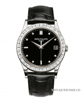 Patek Philippe Calatrava Lunette Sertie De Diamants Date Baguette Noir 38mm Platine Cuir NEUF 5298P-012 Montres Copie