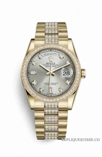 Copie Montre Rolex Day-Date 36 Or jaune 18 ct 118348 Argent serti de diamants Cadran m118348-0039