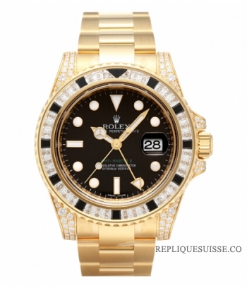 Réplique Rolex GMT Master II en or jaune Cadran Noir 116758 SANR