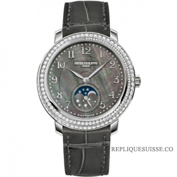 Patek Philippe Complications Cadran de nacre noire Diamants Or Blanc 18kt en Cuir 4968G-001 Montres Copie