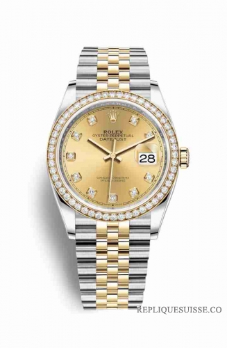 Copie Montre Rolex Datejust 36 Jaune Rolesor Oystersteel or jaune 18 ct 126283RBR Champagne-couleur ensemble diamants Cadran m126283rbr-0003