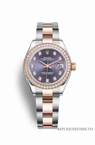 Copie Montre Rolex Datejust 28 Everose Roles ou Oystersteel 18 ct Everose or RBR Aubergine ensemble diamants Cadran m279381rbr-0016