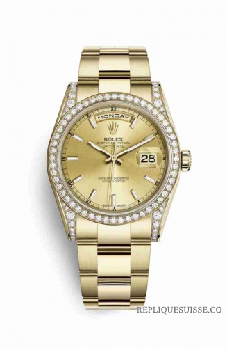 Copie Montre Rolex Day-Date 36 18 ct en or jaune serti de diamants 118388 Champagne-couleur Cadran m118388-0188