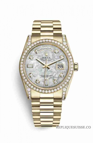 Copie Montre Rolex Day-Date 36 Or jaune 18 ct serti diamants 118388 Blanc serti de nacre Cadran m118388-0018