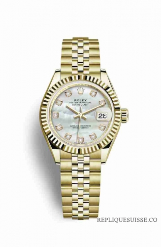 Copie Montre Rolex Datejust 28 Or jaune 18 ct Blanc serti de nacre Cadran m279178-0026