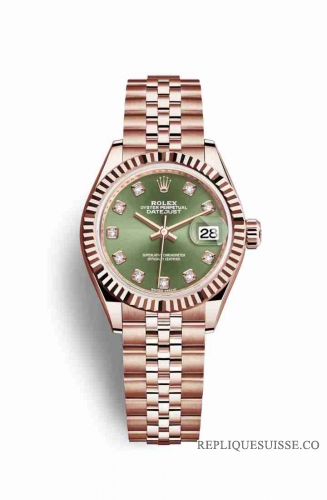 Copie Montre Rolex Datejust 28 18 carats Everose or 279175 Vert olive serti diamants Cadran m279175-0013