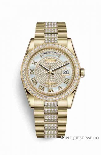 Copie Montre Rolex Day-Date 36 Or jaune 18 ct 118348 Diamant nacre blanche pavee Cadran m118348-0076