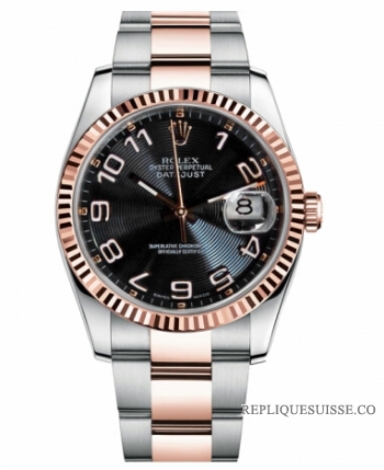 Réplique Rolex Datejust 36mm acier et or rose cadran noir concentrique 116231 BKCAO