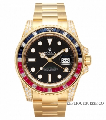 Réplique Rolex GMT Master II en or jaune Cadran Noir 116758 SARU